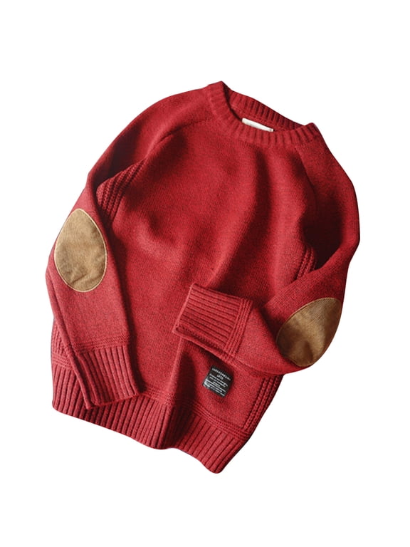 Men Winter Thick Chunky Knit Long Sleeve Sweater Vintage Elbow Patch Faux Wool Pullover Top Solid Casual Loose Jumper