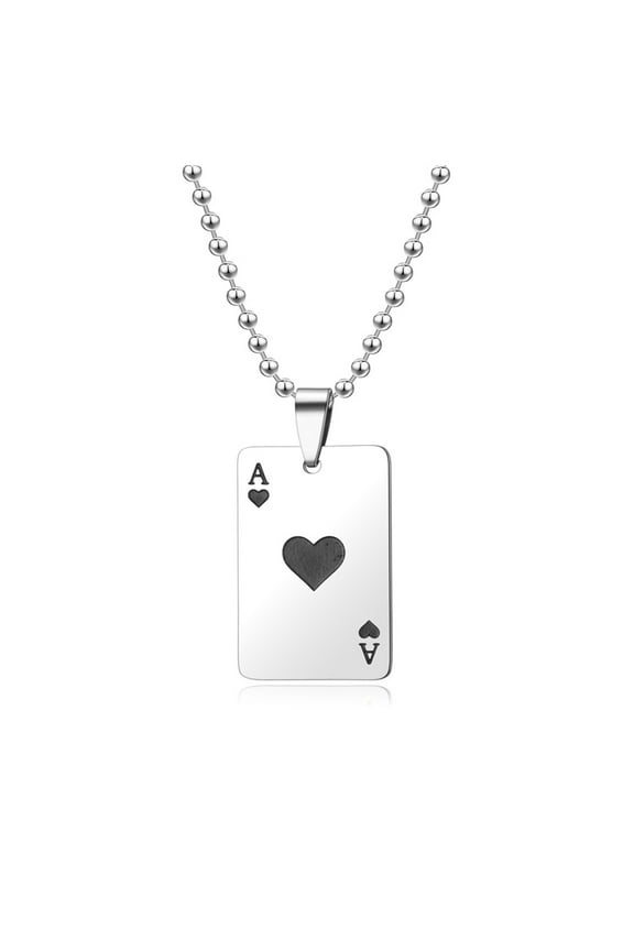 Men's Card Poker Pendant Necklace Keychain, Polished Silver Color