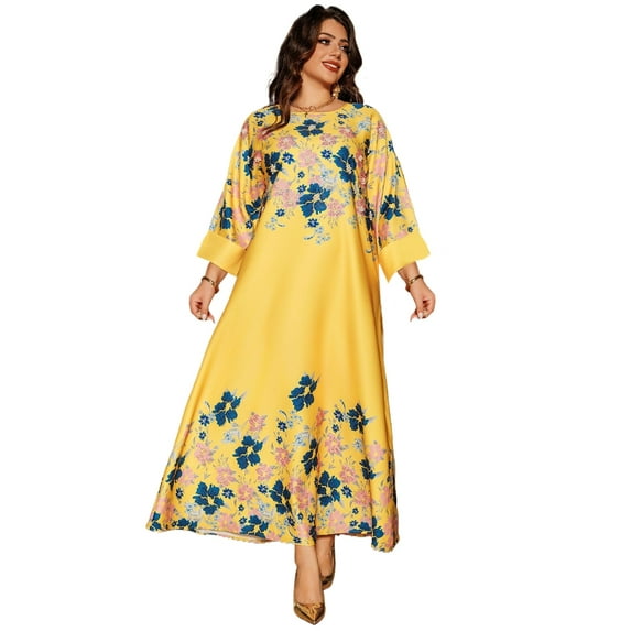 ZPAQI Middle Eastern Robe Dress Flower Print Middle East Dress Women Islamic Robe
