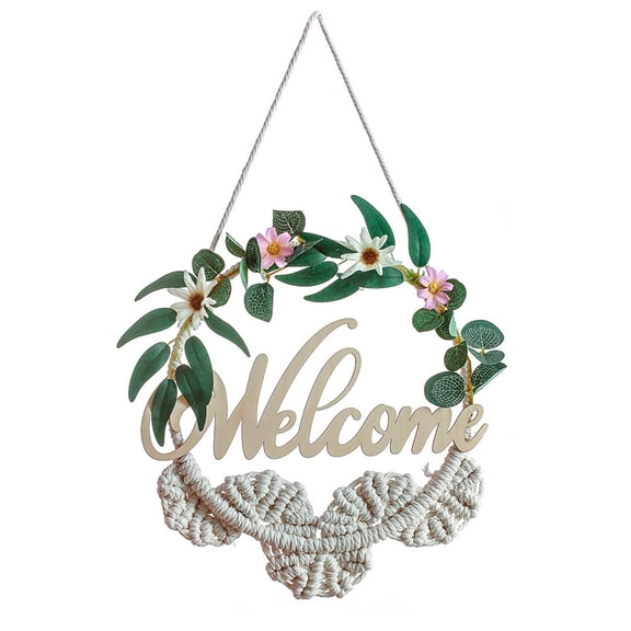 ZPAQI Nordic Style Woven Macrame Door Sign with Artificial Leaves Flower Wreath Hanging Garland Farmhouse Front Porch Decor
