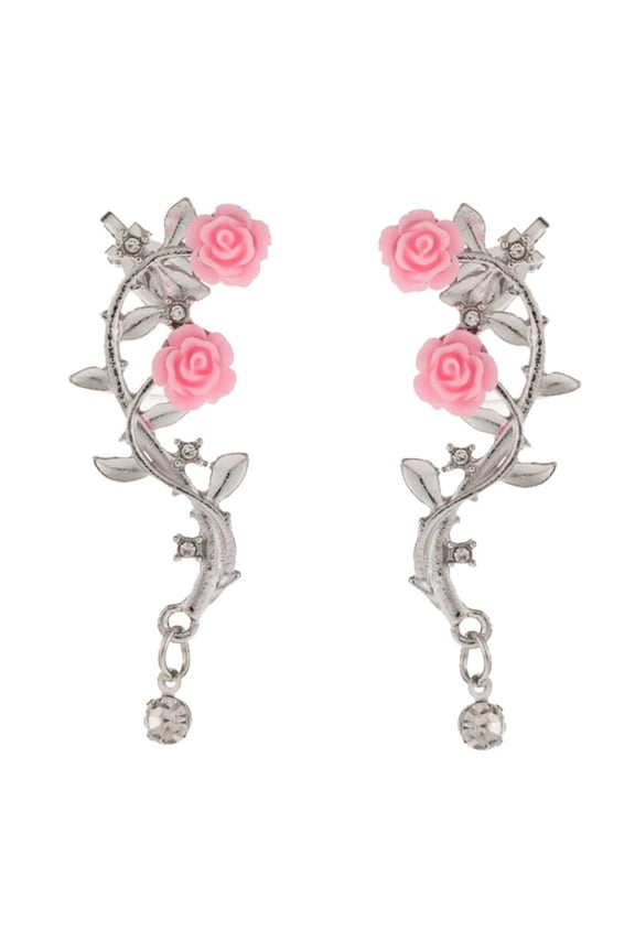Pink Rose Ear Stud Cuff Elegant Flower Stud Piercing Earring for Women Present