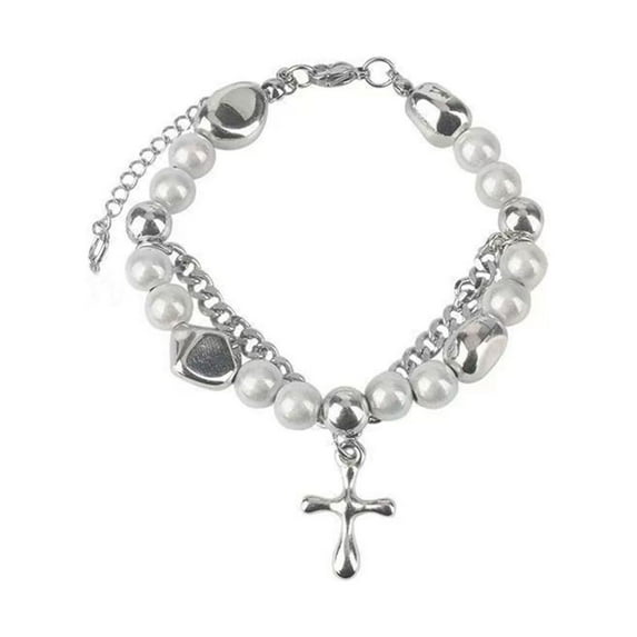 ZPAQI Punk Cross Pendant Bracelet Adjustable Wrist Chain Reflective Pearls Bangle