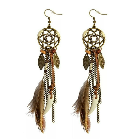 ZPAQI Retro Style Dreamcatcher Beads Danglers Long Feather Drop Earrings Bohemia