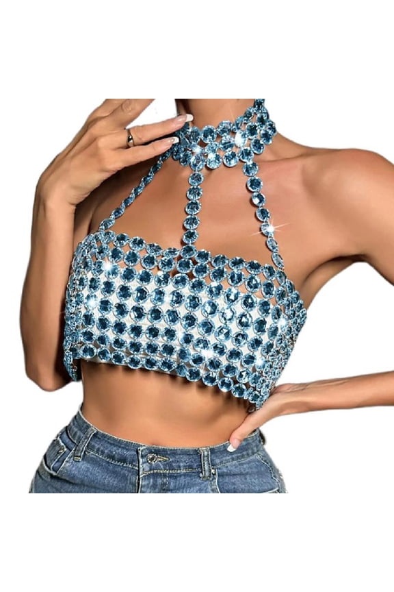 Shining Crystal Halterneck Bra Nightclub Jewelry Body Chain Crop Top for Women