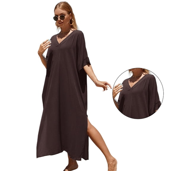 ZPAQI Side Slit Cover Up Women Short Sleeve Bikinis Swimsuit Swimwears Beach Dress