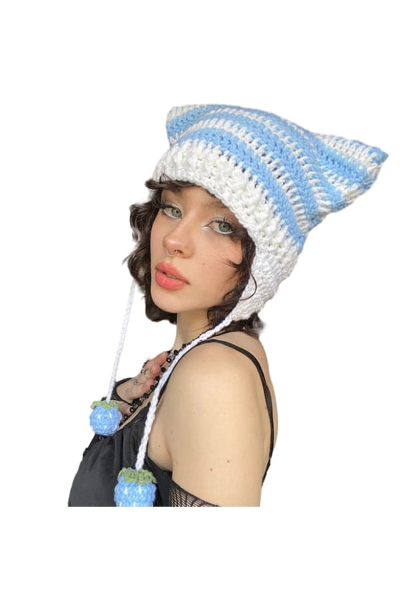 Slouchy Knitted Hat Cat Ear for Girls Y2K-GIRL Hat with Crocheted Pendant