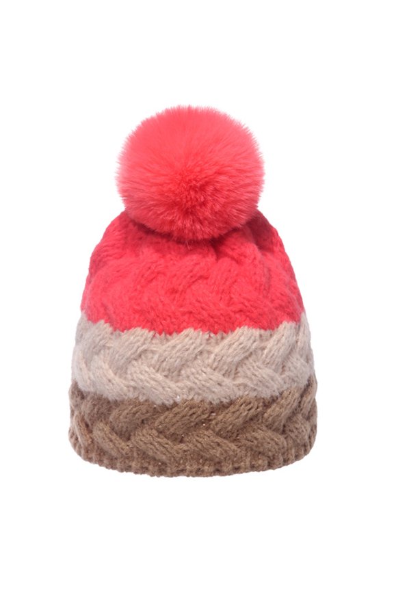 Trendy Color Stitching Knitted Hat for w/ pompom Simple Thick Foldable Fall Wint
