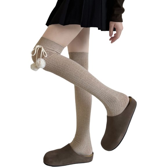 ZPAQI Twist Jacquard Over Knee Long Socks Plush Balls Bows Boot Stockings for Women