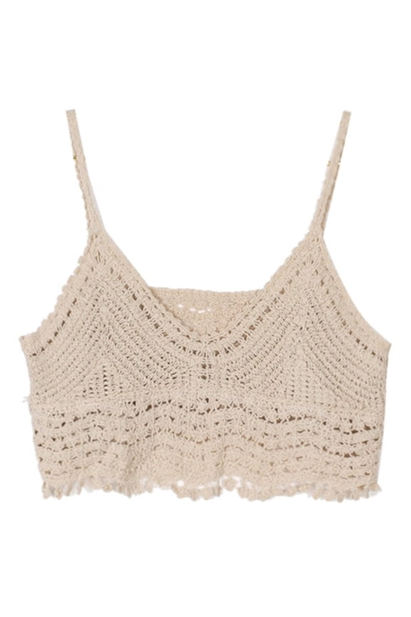 Women Bohemian Sleeveless Camisole Sexy V-Neck Backless Crochet Loose Crop Top Wave Striped Tassel Hem Knit Beach Vest