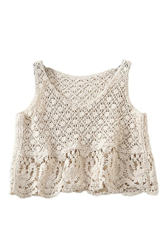 Women Boho Crochet Sleeveless Crop Tank Top V-Neck Hollow Knit Floral Camisole Vintage Colorful Beaded Tassel Beach Vest