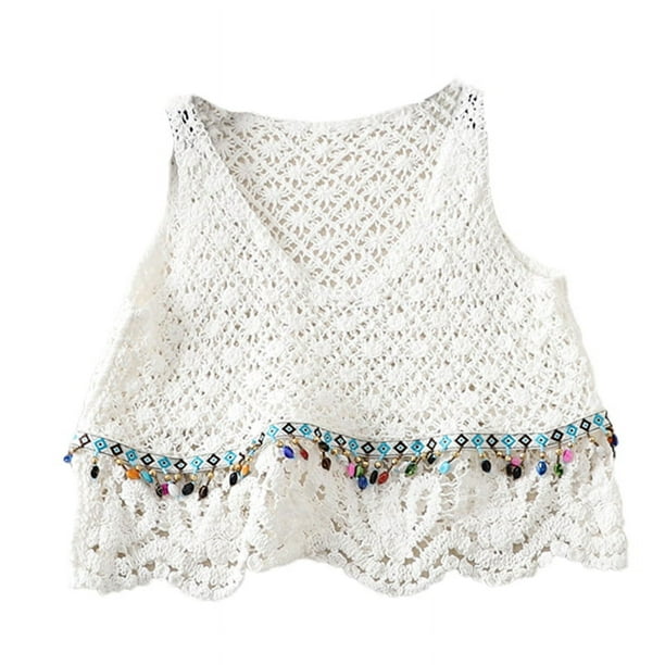 ZPAQI Women Boho Crochet Sleeveless Crop Tank Top V-Neck
