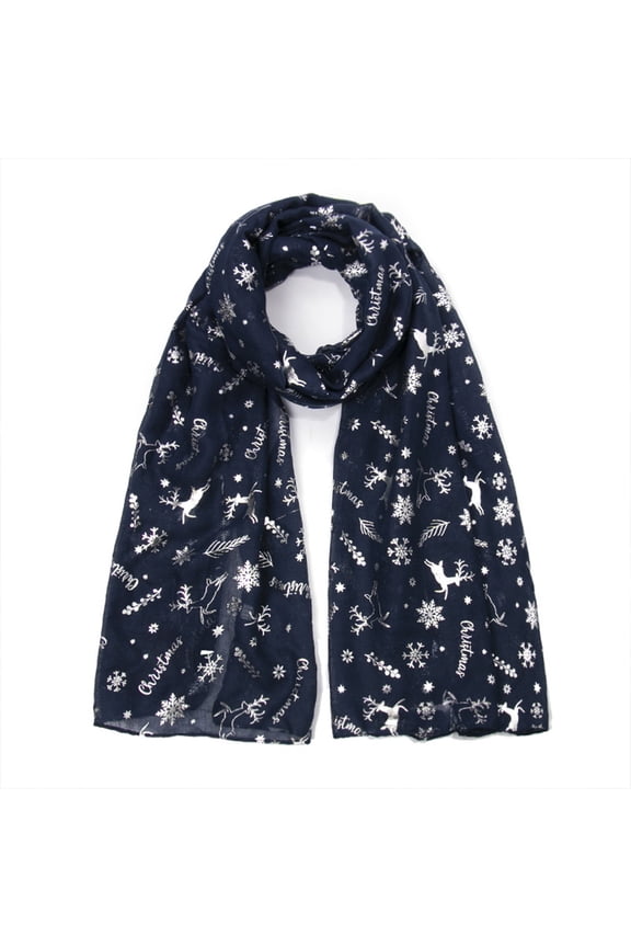 Women Christmas Polyester Long Scarf Silver Glitter Shimmer Foil Reindeer Snowflake Printed Shawl Wrap Holiday Festival Neck Warmer