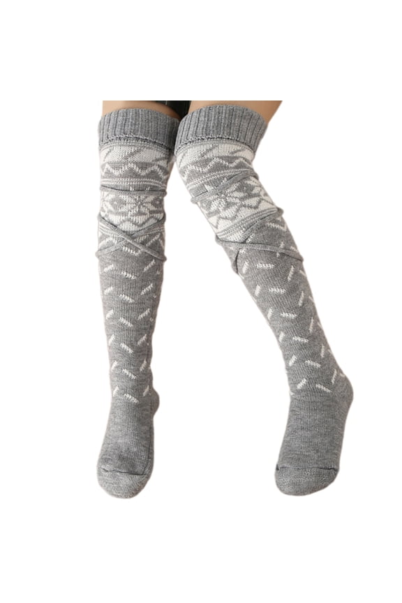 Women Christmas Snowflake Knitted Thigh High Socks Long Boot Stockings with Ties