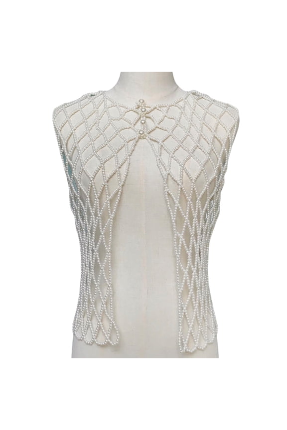 Women Crochet Hollow Out Mesh Vest Handmade Imitation Pearl Beaded Open Front Waistcoat Button Closure Decorative Sleeveless for Jacket Coat Harness Clubwear