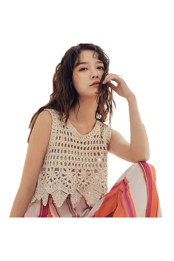 Women Crochet Sleeveless Crop Top Hollow Knit Leaves Hem Beach Coverup Mini Vest