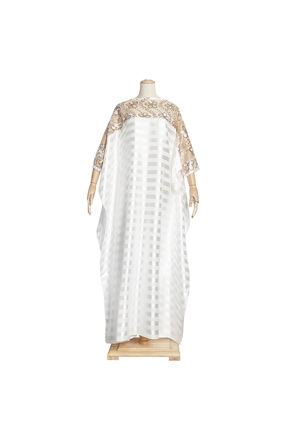 Women Dubai Kaftan Glitter Sequins Floral Embroidery African Maxi Long Dress 3/4 Sleeves Striped Ethnic Abaya Loose Robe Party Gown Beachwear