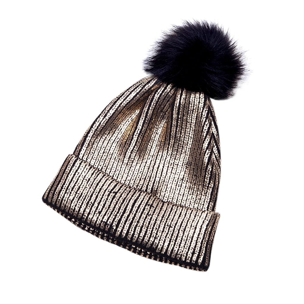 Womens Girls Black Metallic Knit Beanie Pom Pom Winter Hat Womens Girls Black Metallic Knit Beanie Pom Pom Winter Hat main image 3