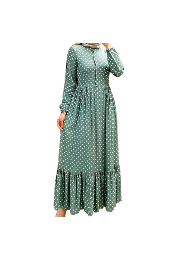 Women Muslim Lantern Sleeves Maxi Long Swing Dress Polka Dot Print Buttons Ruffles High Waist Islam Kaftan Abaya Hijab