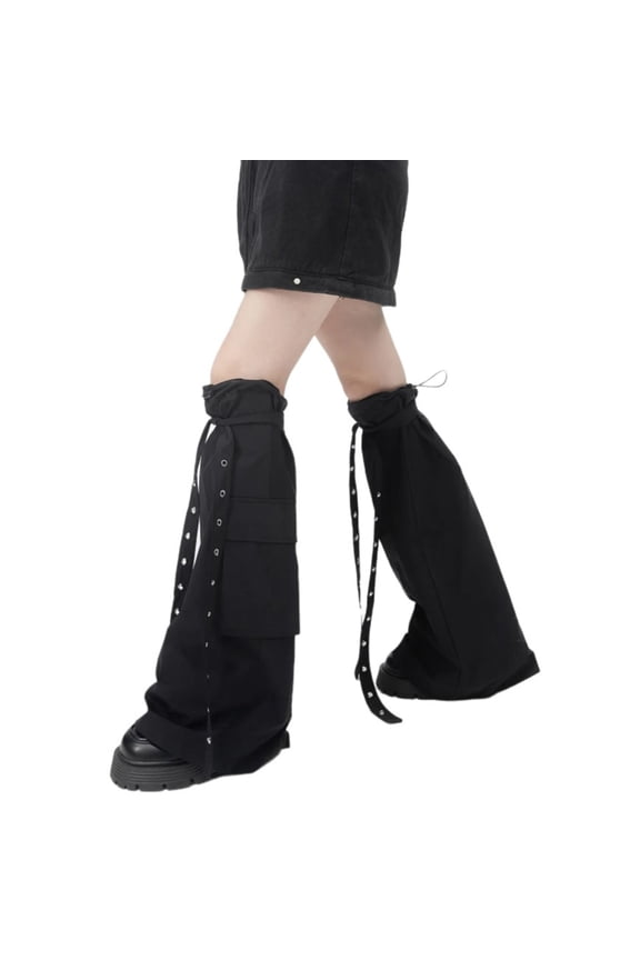 Women Punk Drawstring Flared Leg Warmer Eyelets Straps Pockets Cargo Boot Covers