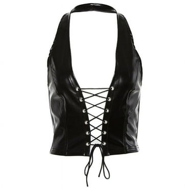 ZPAQI Women Punk Sleeveless Crop Top Halter Backless Faux Leather Lace-Up Hollow Vest