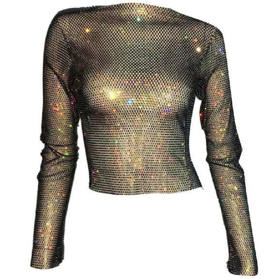 ZPAQI Women Rhinestones Mesh Long Sleeve Crop Top See Through Fishnet Cover Up T-Shirt