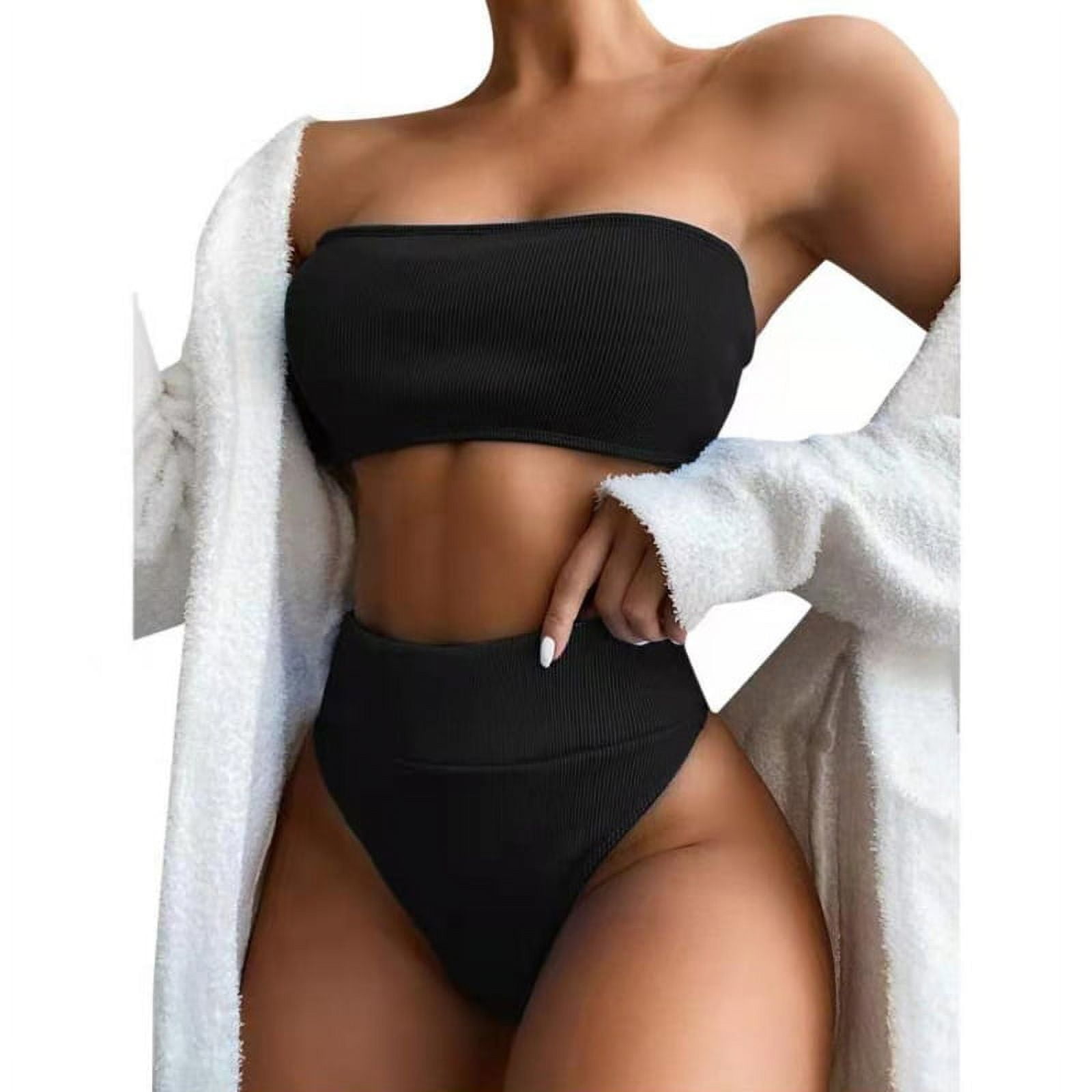 ZPAQI Women Sexy 2pcs Bikini Set Strapless Ribbed Bandeau Tube Top Micro  Swimsuit High Waist Thong Solid Color Bathing Suit 