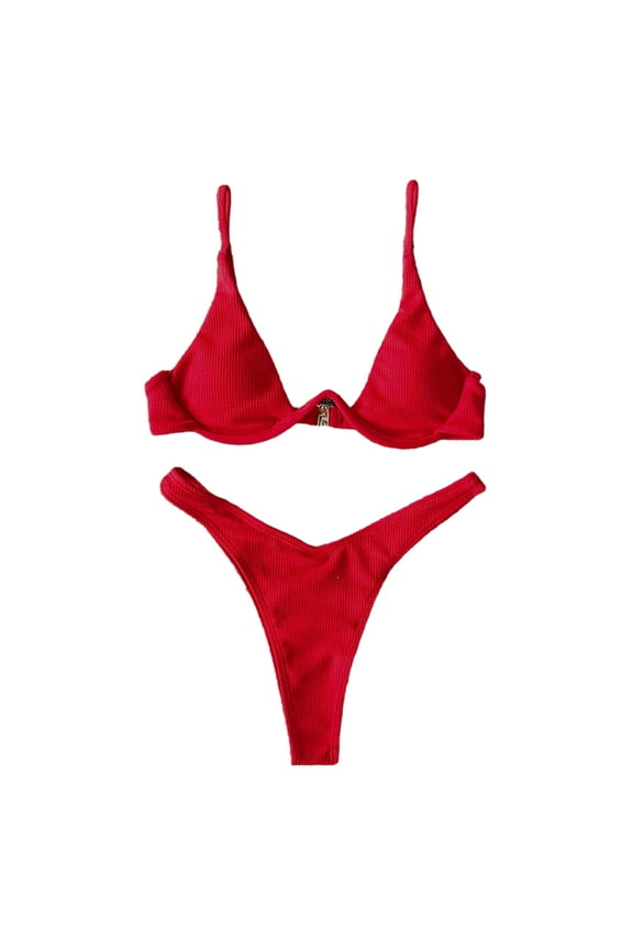 Women Sexy Brazilian Bikini Set V-Neck Push Up Underwire for Triangle Swimsuit Bright Neon Solid Color Ribbed Bathing Su