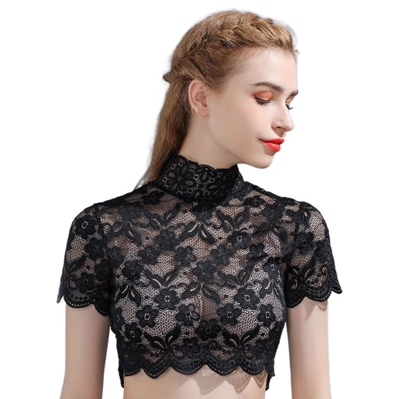 ZPAQI Women Turtleneck Detachable Collar Floral Lace Short Sleeve Half Shirt Dickey