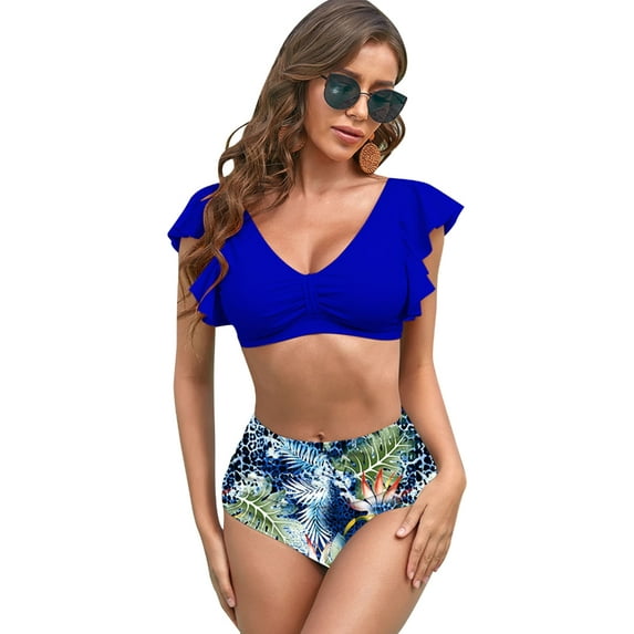 ZPAQI Women Two Pieces Ruffled Swimsuit Push Up Bikini Swimwear High Waisted Swimwear