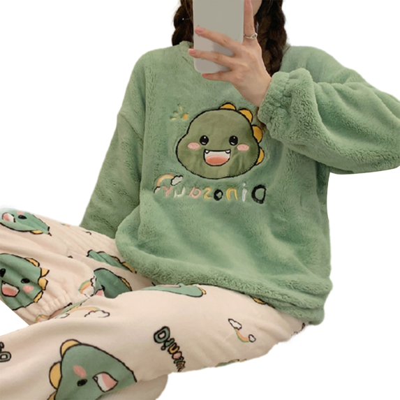 ZPAQI Women Winter Warm Sleepwear Set Cute Cartoon Pattern Fleece Pajamas Loungewear