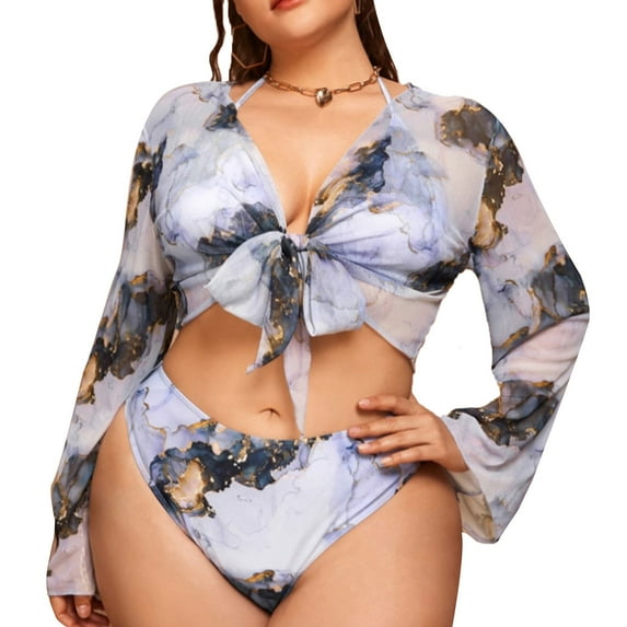 ZPAQI Women's Bikini Tie-dye Print 3 Piece Swimsuit Plus Size Long Sleeve Swimwear