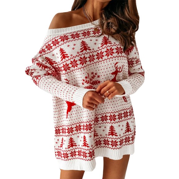 ZPAQI Womens Cute Christmas Oversized Sweater Dress Reindeer Snowflake Jacquard Top
