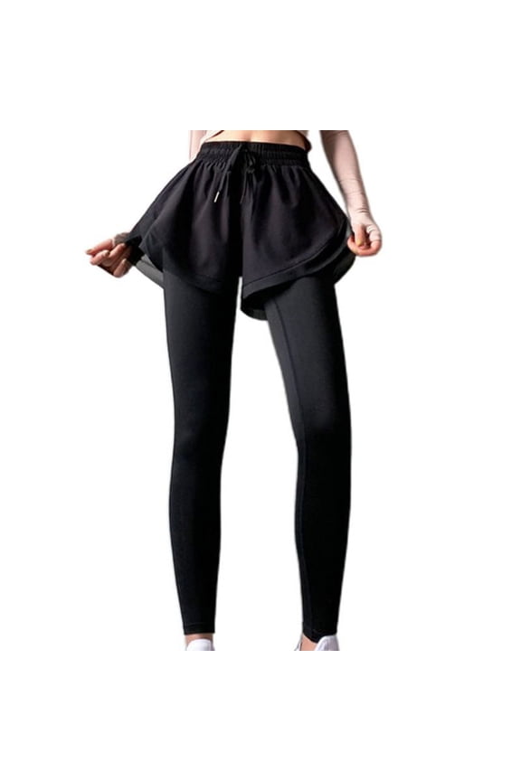 Womens High Rise 2 In 1 Tight Sports Leggings with Shorts Drawstring Waist Solid Color Fitness Running Yoga Workout Long Pants
