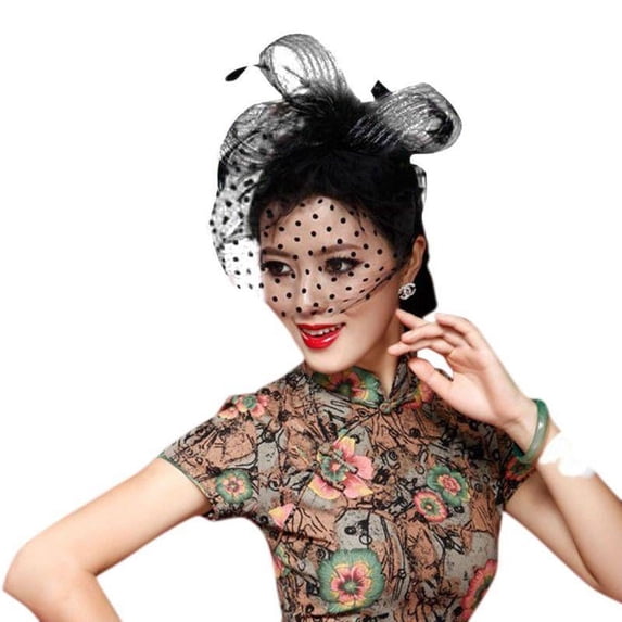 ZPAQI Womens Retro Wave Point Mesh Veil Hat Fluffy Feather Solid Color Alligator Hair