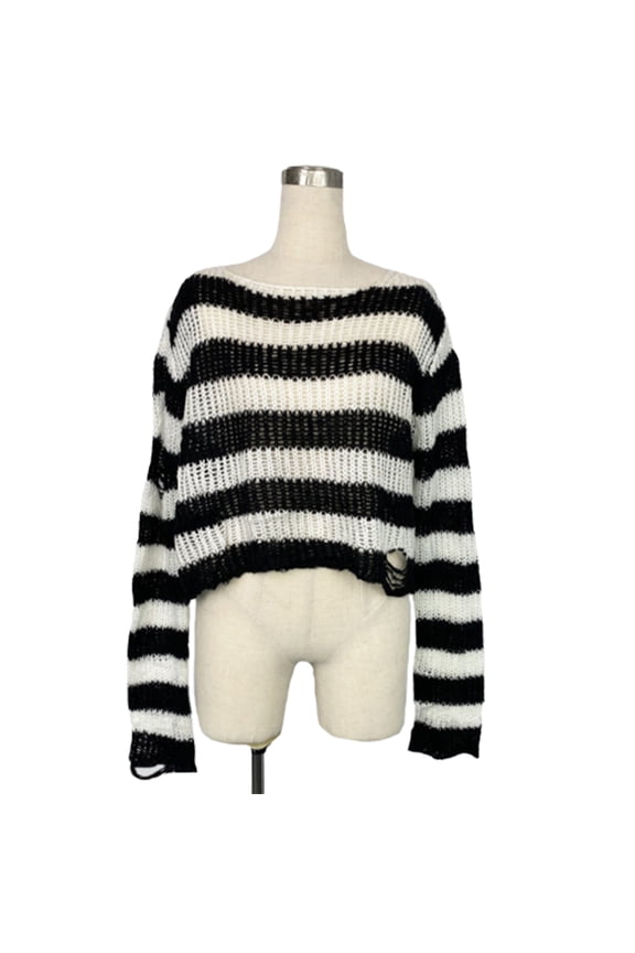 Womens Striped Ripped Long Sleeve Sweater Gothic Punk Harajuku Round Neck Knitwear Broken Hole Loose Short Jumper Tops