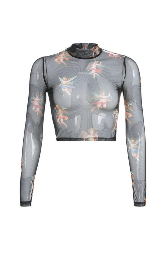 Womens Summer Long Sleeves Mock Neck Crop Top Romantic Colored Angel Cupid Printed T-Shirt See Through Mesh Party Club Blouse 4 Colors