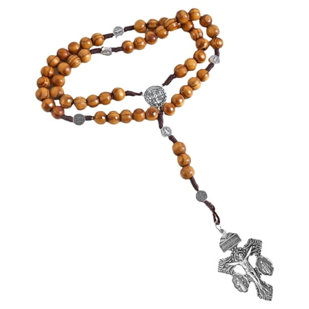 ZPAQI Wood Beads Rosary Necklace with Pardon Crucifix Medals Catholic Faith Accessory