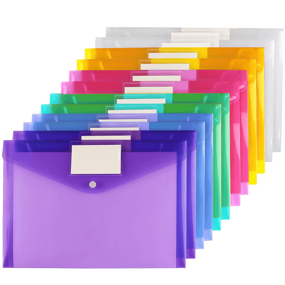 ZPARNO 12 Pack File Folders Plastic Envelopes, A4 Letter Size Folder for Document, Poly Envelopes with Label Pockets for School Home Work Office Organizer, 6 Colors