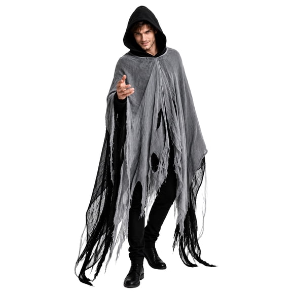 ZPQMNB Men's Tattered Hooded Ghost Cape, Halloween Zombie Grim Reaper Costume Cloak for Cosplay Party