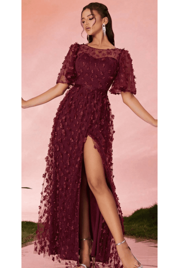 Women's Dress,Burgundy 3D Floral Lace Prom Dress for Women,Short Puff Sleeve High Slit Formal Evening Gown
