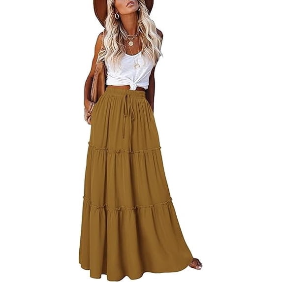 ZPQMNB Womens Boho Maxi Skirt,Ruffled Maxi Skirt,High-Waisted Belted Folds Long Skirt With Pockets,Suitable For Beach Vacation
