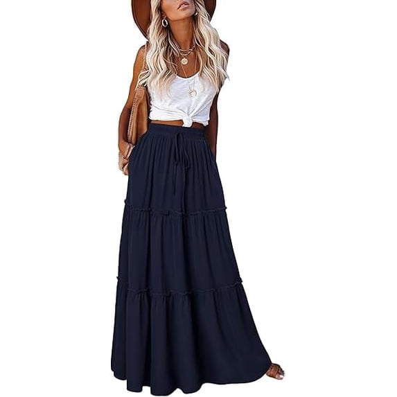 ZPQMNB Womens Boho Maxi Skirt,Ruffled Maxi Skirt,High-Waisted Belted Folds Long Skirt With Pockets,Suitable For Beach Vacation