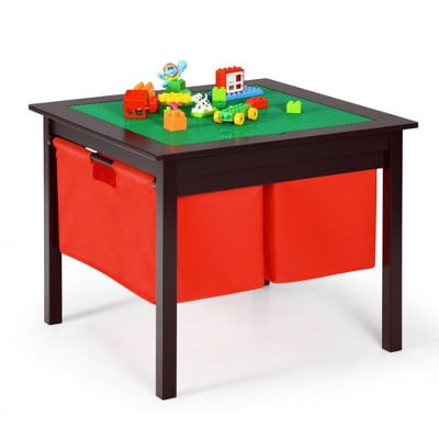 ZPTGL 2-in-1 Kids Double-sided Activity Building Block Table W/ Drawers Brown