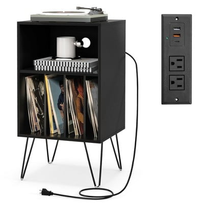 ZPTGL 3-Tier Record Player Stand with Charging Station Shelf & 4 Dividers for Bedroom Walnut/Black/Brown