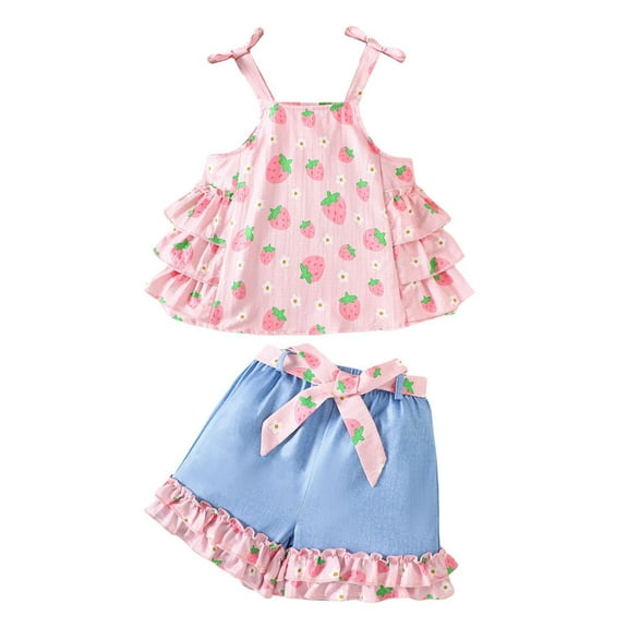 ZPWKLM 2 Piece Sleeveless Strawberry Printing Vest T Shirt Tops Ruffles Shorts Outfit Sets For Infant Cozy Clothes Set For Toddlers size 1-2T