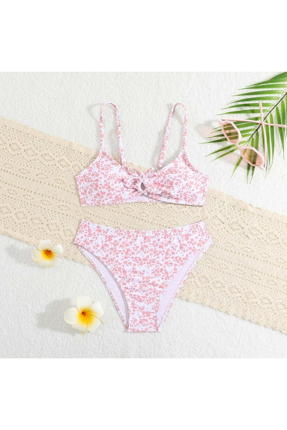 Bikini For Girls 2 Piece Flower Print Hot Spring Vacation Beach Split Swimsuit For Girls, Size8-9T