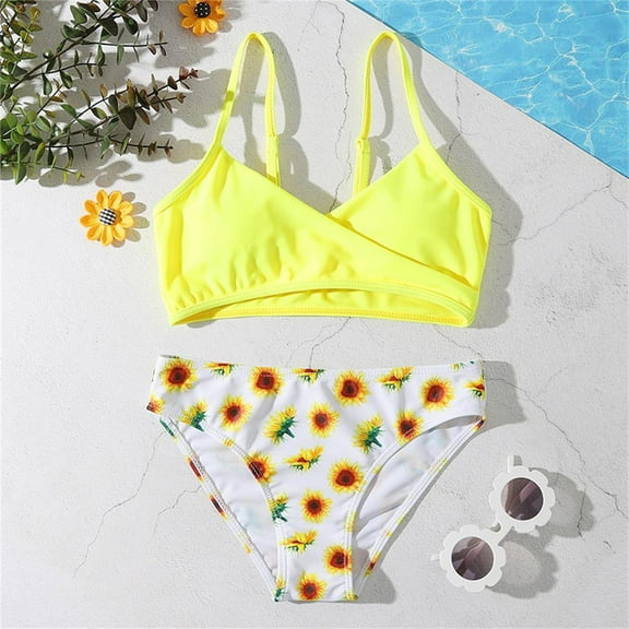 ZPWKLM Bikini For Girls 2 Piece Top And Bottoms Flower Print Swimsuit For Girls Summer Casual Holiday, Size5-6T