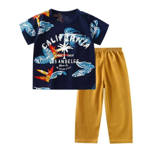 ZPWKLM Summer Cartoon Cute Print Home Wear For Boys And Girls Short Sleeve Tripped Print Pants Pajamas Outfits Set For Toddler size 5-6