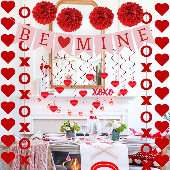 ZPWSHI Valentines Day Decor Kit, 21Pcs Hanging Heart Swirls & Love XO Garlands, BE Mine Banner for Galentines Party Home Office Decor