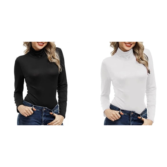 ZPYESWOW 2Pcs Long Sleeve Shirts for Women Pullover High Neck Tight Fitting Priming Solid Classical Turtle Necks Tops for Women Causal Daily Womens Tops